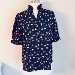 Ann Taylor Cherry Print Ruffle Neck Short Puff Sleeve Button Down Blouse Navy, S